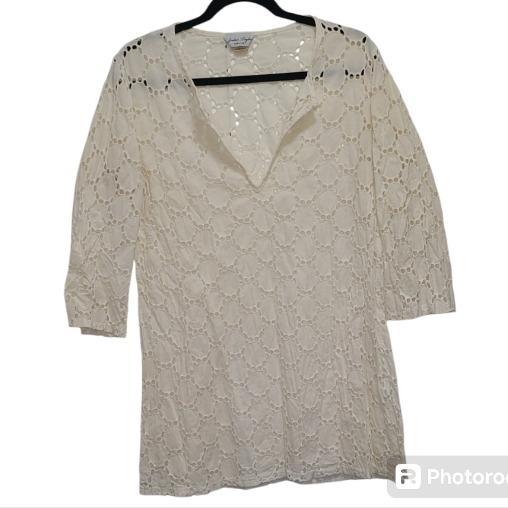 Jordan Taylor V Neck Sheer eyelet shirt swim cover casual‎ see thru BOHO